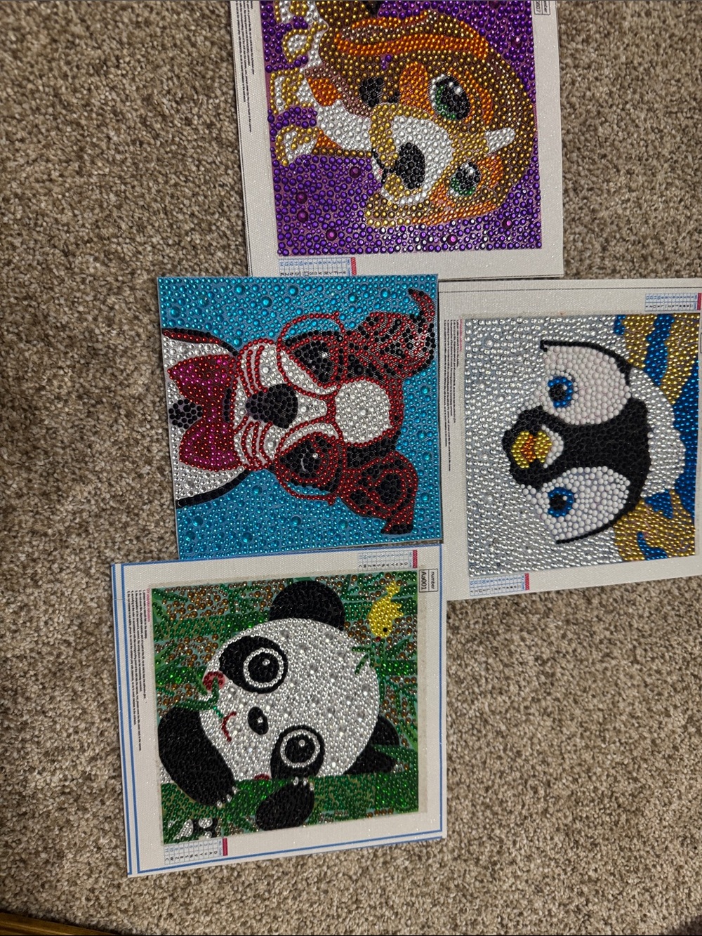 Set of 4 Sparkling Animal Diamond Art Canvases - Panda, Penguin, Puppy, Fox